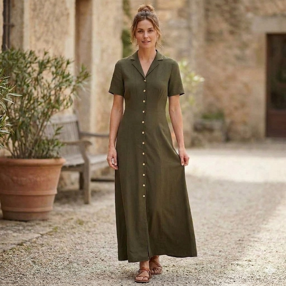 LRL Ralph Lauren Silk Maxi Shirt Dress Womens 6 Green Collared Button Up *Flaws